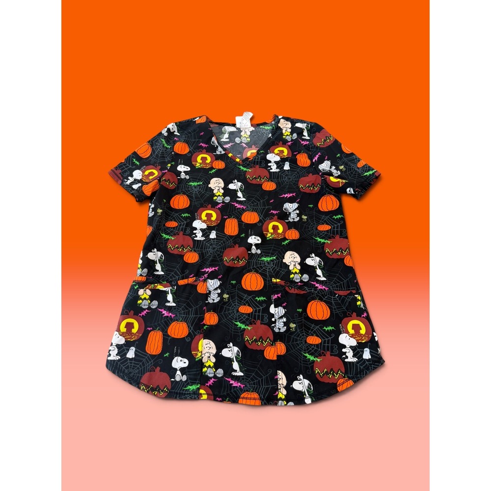 Peanuts Halloween Scrub Top Snoopy Charlie Brown Pumpkins Black V-Neck Small